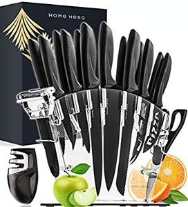 lot 50625 image: Home Hero 17 Pieces Kitchen Knives Set, 13 Stainless Steel Knives  Acrylic Stand, Scissors, Peeler and Knife Sharpener