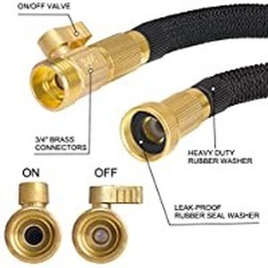 lot 50628 image: Higen 100ft Upgraded Expandable Garden Hose Set, Extra Strength Fabric Triple Layer Latex Core, 34 Solid Brass Fittings, 9 Function Spray Nozzle with Storage Bag