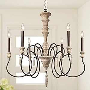 lot 37499 image: French Country Chandelier Rustic Handmade 6 Light Fixture with Wood Drops for Dining & Living Room, Bedroom, 31 inches, Distressed White