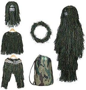 lot 3642 image: 5 in 1 Ghillie Suit �� 3D Camouflage Hunting Apparel Including Jacket, Pants, Hood, Rifle Wrap, Carry Bag Suitable for Unisex AdultsKidsYouth