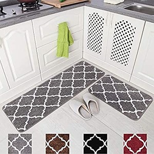 lot 3667 image: Carvapet 2 Pieces Rug Set Microfiber Moroccan Trellis Non-Slip Soft Kitchen Mat Bath Rug Doormat Runner Carpet Set, 17x4817x24, Grey