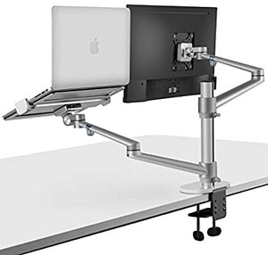 lot 3670 image: viozon Monitor and Laptop Mount, 2-in-1 Adjustable Dual Arm Desk Mounts Single Desk Arm StandHolder for 17 to 32 Inch LCD Computer Screens, Extra Tray Fits 12 to 17 inch Laptops (Silver missing the monitor bracket