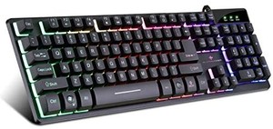 lot 3690 image: Gaming Keyboard USB Wired Gaming Keyboard with Dedicated Media Controls, Multiple Color Rainbow LED Backlit, Spill-Resistant and Durable Design for Desktop, Laptop