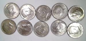 lot 249 image: Lot of 10 Kennedy Half Dollars, 1965-1969