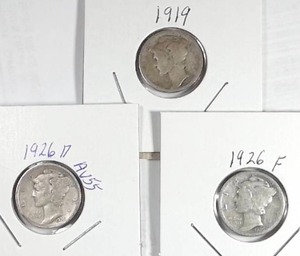lot 301 image: 1919, 1926, 1926-D Mercury Dimes