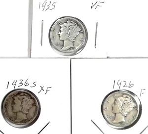 lot 302 image: 1926, 1935, 1936-S Mercury Dimes