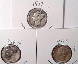 lot 305 image: 1937, 1940, 1941-S Mercury Dimes