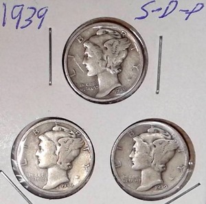 lot 307 image: 1939 D, P, S Mercury Dimes