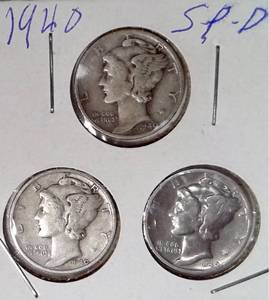 lot 308 image: 1940 D, P, S Mercury Dimes