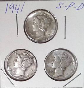 lot 309 image: 1941 D, P, S Mercury Dimes