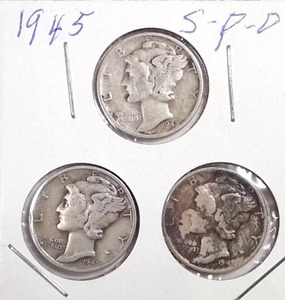 lot 313 image: 1945 D, P, S Mercury Dimes