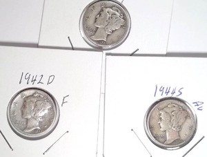 lot 316 image: 1941, 1942-D, 1944-S Mercury Dimes
