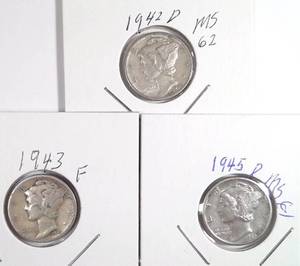lot 320 image: 1942-D, 1943, 1945-D Mercury Dimes