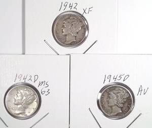 lot 321 image: 1942, 1942-D, 1945 Mercury Dimes
