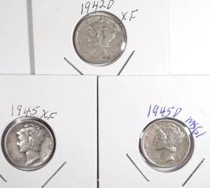 lot 322 image: 1942-D, 1945-D, 1945 Mercury Dimes