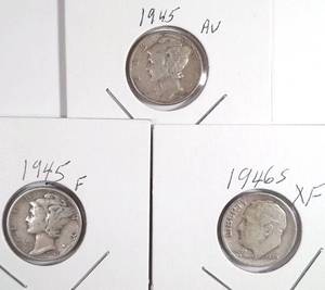 lot 323 image: 1945 x 2 Mercury Dimes, 1 x 1946-S Roosevelt Dime