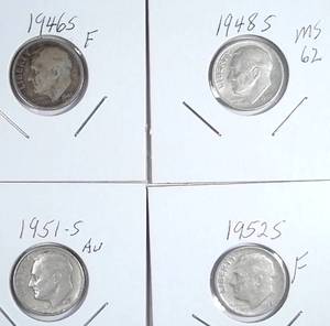 lot 325 image: 1946-S, 1948-S, 1951-S  1952-S Roosevelt Dimes