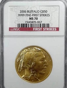 lot 492 image: 2006 MS70 $50 1 oz .999 Gold Buffalo Nickel Copy FIRST STRIKE