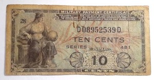 lot 497 image: 10 cents Military Payment Certicicate Series 481 Replacement, Serial Ending in D- RARE