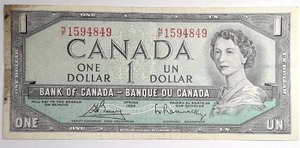 lot 504 image: 1954 Modified Canadian $1 Bill, AU55-58