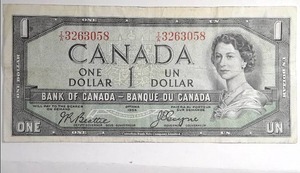 lot 505 image: 1954 Devils Face Canadian $1 Bill, XF