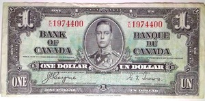 lot 503 image: Bank of Canada $1 Bill,  J.E. Coyne and Towers, AU58