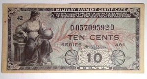 lot 498 image: 10 cents Military Payment Certicicate Series 481 Replacement, Serial Ending in D- RARE AU58