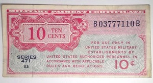 lot 500 image: 10 cents Military Payment Certificate, Series 471, AU-53