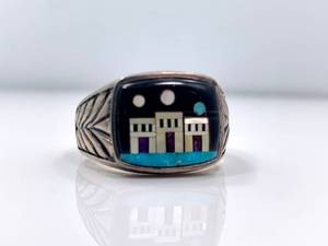lot 16 image: Sterling Silver and Multi-Stone Inlay Night Time Sky with Stamped Band