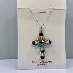 lot 43 image: ZUNI Multi-Stone Inlay Sterling Silver Sunface Cross Pendant and Chain Necklace