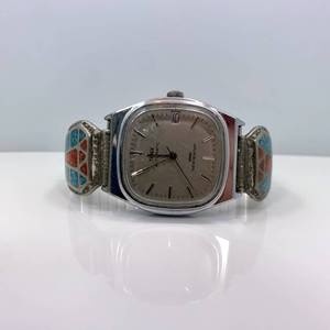lot 89 image: Old Pawn NAVA TWIST Crushed Turquoise and Coral Inlay Watch Tips with Mechanical Timex-WORKING