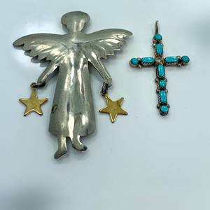 lot 47 image: Sterling Silver Angel Brooch & Turquoise Cross Pendant