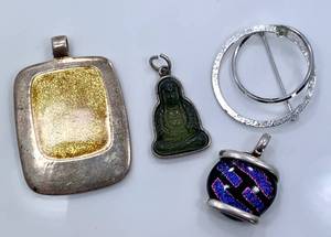 lot 48 image: Lot of 3 Sterling Silver Pendants & 1 Brooch