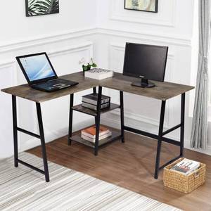 lot 98128 image: FurnitureR 44 in. L-Shaped Walnut Computer Desk with Shelves, Brown