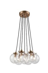 lot 97488 image: Retro Style Seven Light Chandelier with Clear Glass Round Globes Satin Brass Finish with Clear