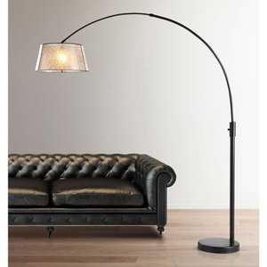 lot 97521 image: Orbita 82-inch Dark Bronze Retractable Arch Dimmable Floor Lamp with LED Bulb and Mica Shade