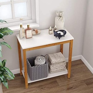 lot 37588 image: BAMEOS Bamboo Side Table Console Side Table, 2-Tier End Accent Table with Storage Shelf, Modern Furniture for Living Room Bedroom Balcony Family and Office in White