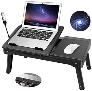 lot 37646 image: Moclever Laptop Table for Bed-Multi-Functional Laptop Bed Table Tray with Internal Cooling Fan & 2 Independent Laptop Stands-Foldable & 3 Different Height Laptop Desk-LED Lamp-4 Port USB (Black