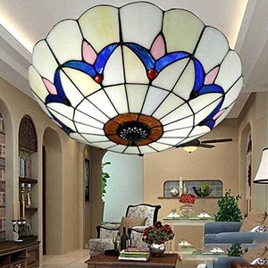 lot 37649 image: LITFAD Flush Mount Ceiling Light 12 Wide LED Ceiling Lamp with Tiffany Glass Tulip Shade, 2-Lights Pendant Light for Bedroom Restaurant Hotel Cafe White