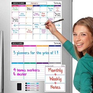 lot 37685 image: Dry Erase Calendar Whiteboard. Set of 3 Magnetic Calendars for Refrigerator Monthly, Weekly Organizer & Daily Notepad