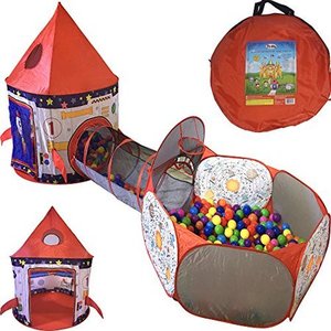 lot 37689 image: Playz 3pc Rocket Ship Astronaut Kids Play Tent, Tunnel, & Ball Pit Doesnt Come With Balls