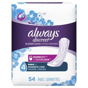 lot 40593 image: Always Discreet Incontinence and Postpartum Incontinence Pads for Women - Moderate Absorbency - Long Length - 54ct