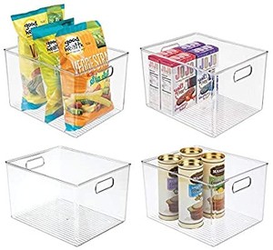 lot 40602 image: mDesign Plastic Storage Organizer Container Bins Holders with Handles - for Kitchen, Pantry, Cabinet, FridgeFreezer - Large for Organizing Snacks, Produce, Vegetables, Pasta Food - 4 Pack - Clear