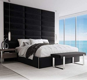 lot 40628 image: V�nt Upholstered Wall Panels - QueenFull Size Wall Mounted Headboards - Plush Velvet Black - Pack of 4 Panels (Each Individual Panel 30x11.5)