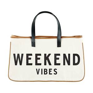 lot 40654 image: 20 Canvas Tote Bag With Leather Handle - Weekend Vibes