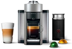 lot 40675 image: Nespresso Vertuo Evoluo Coffee and Espresso Machine Bundle with Aeroccino Milk Frother by DeLonghi, 7.7 fl. oz 1.35 fl. oz, Silver