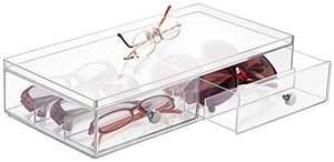 lot 40718 image: mDesign Wide Stackable Plastic Eye Glass Storage Organizer Box Holder for Sunglasses, Reading Glasses, Accessories - 2 Divided Drawers, Chrome Pulls - Clear