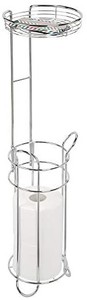 lot 40725 image: mDesign Freestanding Metal Wire Toilet Paper Roll Holder and Tray Stand for Bathroom Storage Organization - Top Round Storage Shelf for Cell Phone, Book, Spray - Holds 3 Mega Rolls - Chrome