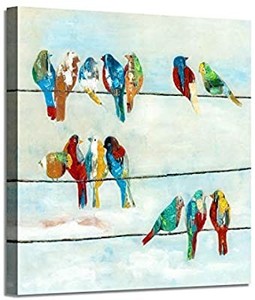 lot 40739 image: Abstract Animals Canvas Wall Art Colorful Birds on Wires on a Beige Background Picture Painting for Bedroom ( 24 x 24 x 1 Panel )