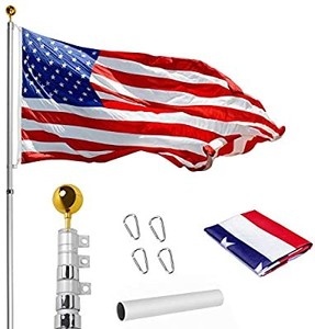 lot 50660 image: WeValor 20FT Telescoping Flag Pole Kit, Heavy Duty 16 Gauge Aluminum Outdoor In Ground Flag Poles with 3x5 USA Flag, for Residential or Commercial, Silver